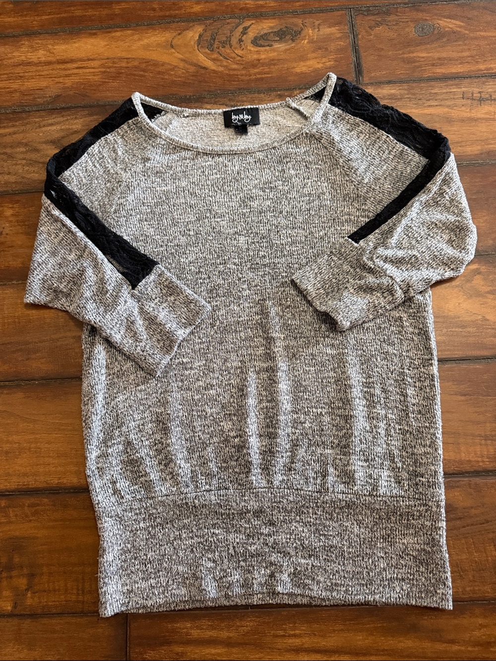 by & by Heathered Grey Lightweight Sweater with Black Lace Trim